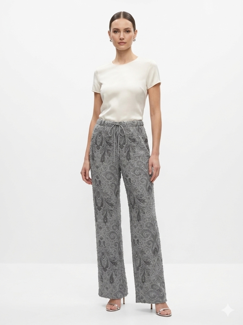 Sheri Bodell Gray Beaded Paisley Wide-Leg Pants 100% Silk
